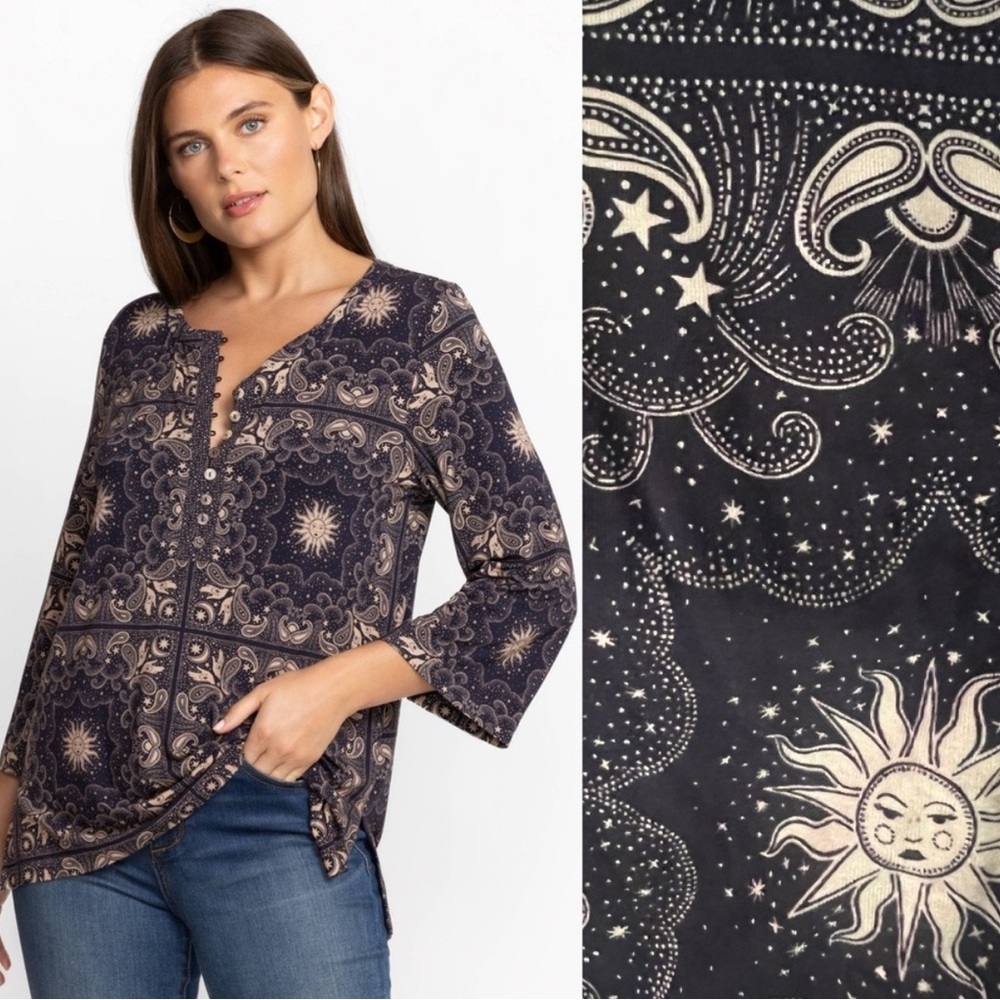 New with tags JOHNNY WAS RUNA BUTTON FRONT HENLEY TEE SIZE XXS